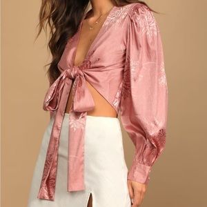 Lulu’s Rose Pink Satin Jacquard Tie-Front Long Sleeves Crop Top